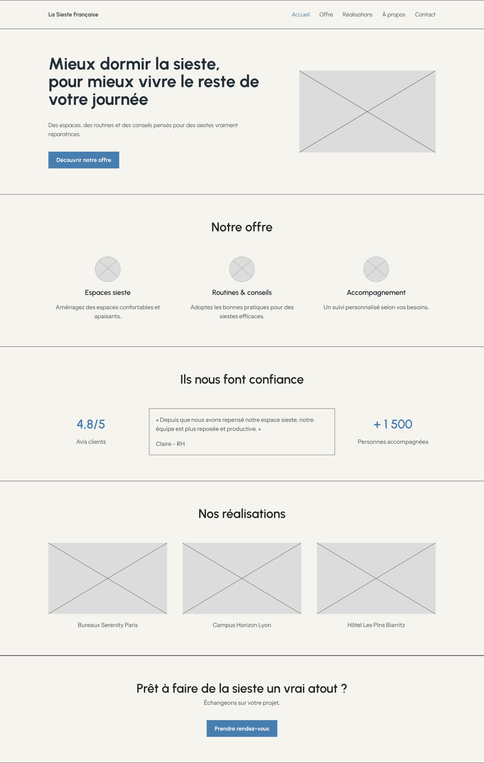 Exemple de structure complète de page d’accueil organisée avant la phase de design